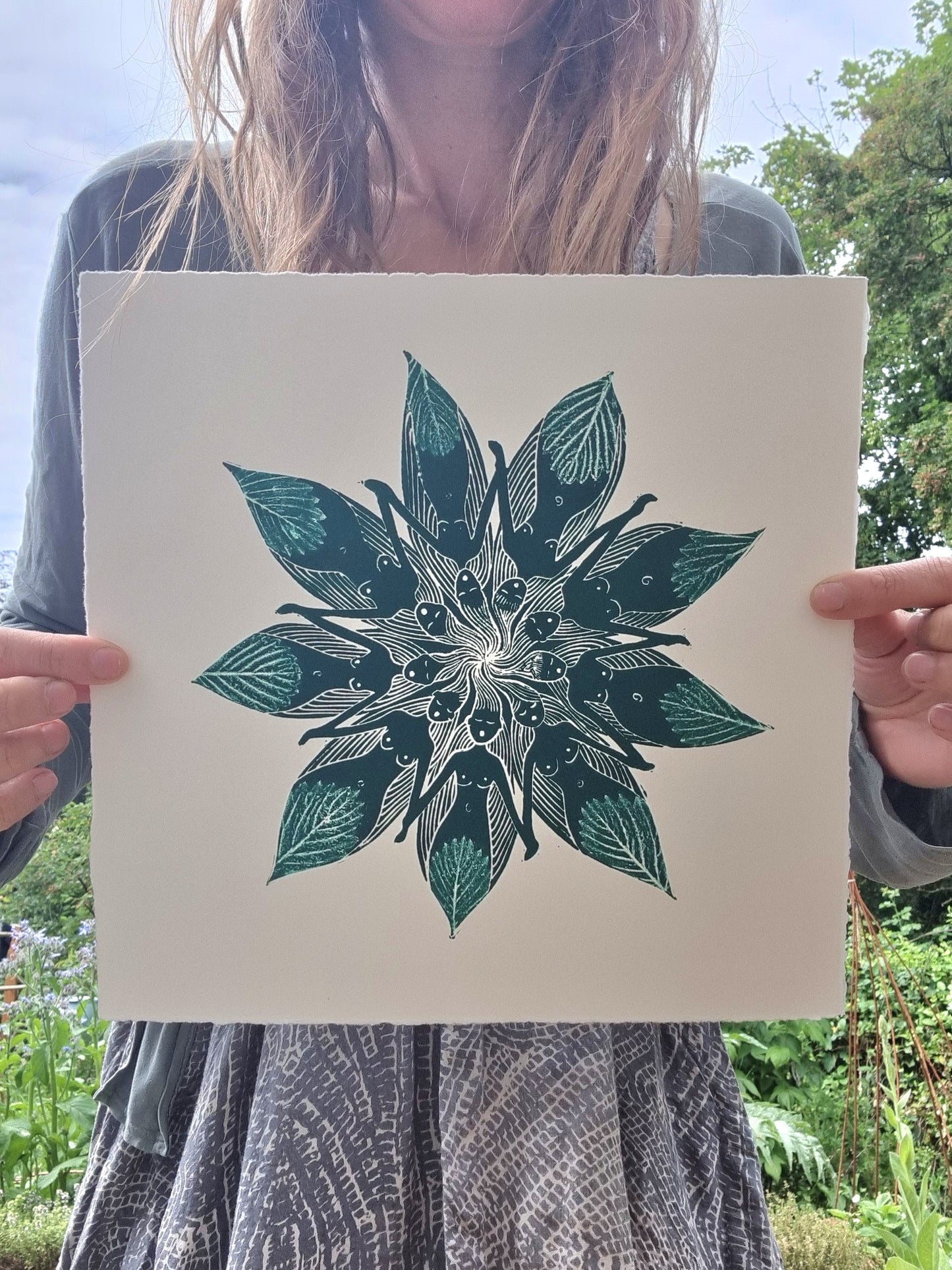Sisterhood Blooming Original Linocut print | Divine Feminine Wall Art | Women's Circle Mandala