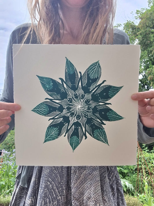 Sisterhood Blooming Original Linocut print | Divine Feminine Wall Art | Women's Circle Mandala