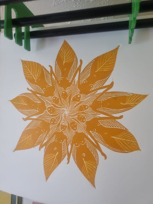 Sisterhood Blooming Original Linocut print | Divine Feminine Wall Art | Women's Circle Mandala